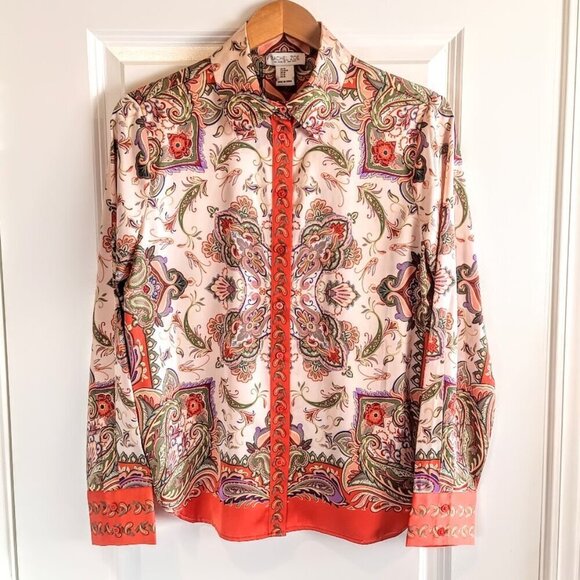 Rachel Zoe Orange Paisley Long Sleeve Satin Blouse NWT - Picture 1 of 4